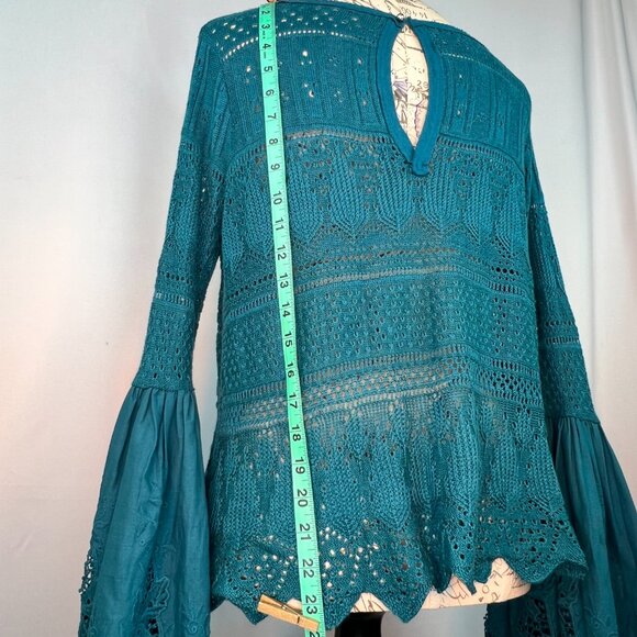 Free People Turquoise Once Upon A Time Bell Sleeve Peasant Top SM NWOT - Picture 8 of 17